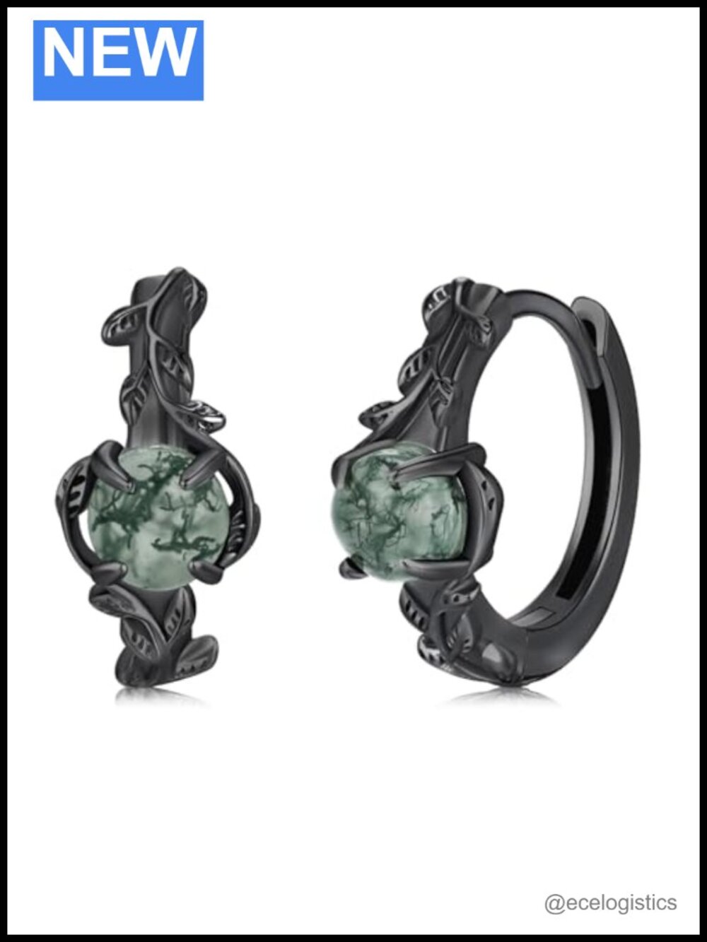 Moss Agate Hoop Earrings 925 Sterling Silver Leaf Huggie Hypoallergenic